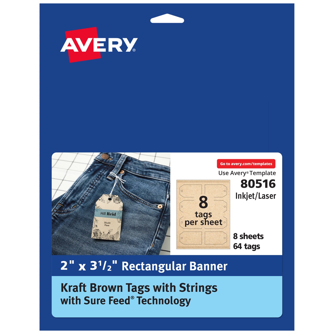 Avery Kraft Brown Banner Tags with Sure Feed Technology, 2" x 3.5", Laser/Inkjet, 64 Printable Tags with Strings Included, Also Great for Gift Tags and Favor Tags (80516)